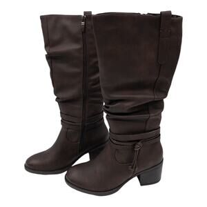 Emmshu Pino Brown Strap-Accent Round Toe Heeled Western Boot Women's 8